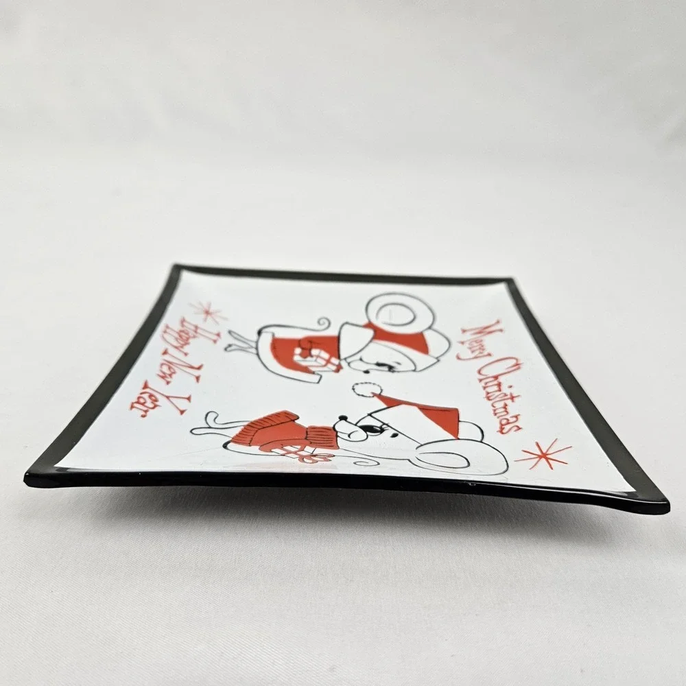 Vintage Campana Christmas Glass Trinket Tray Dish New Years Mouse MCM Retro